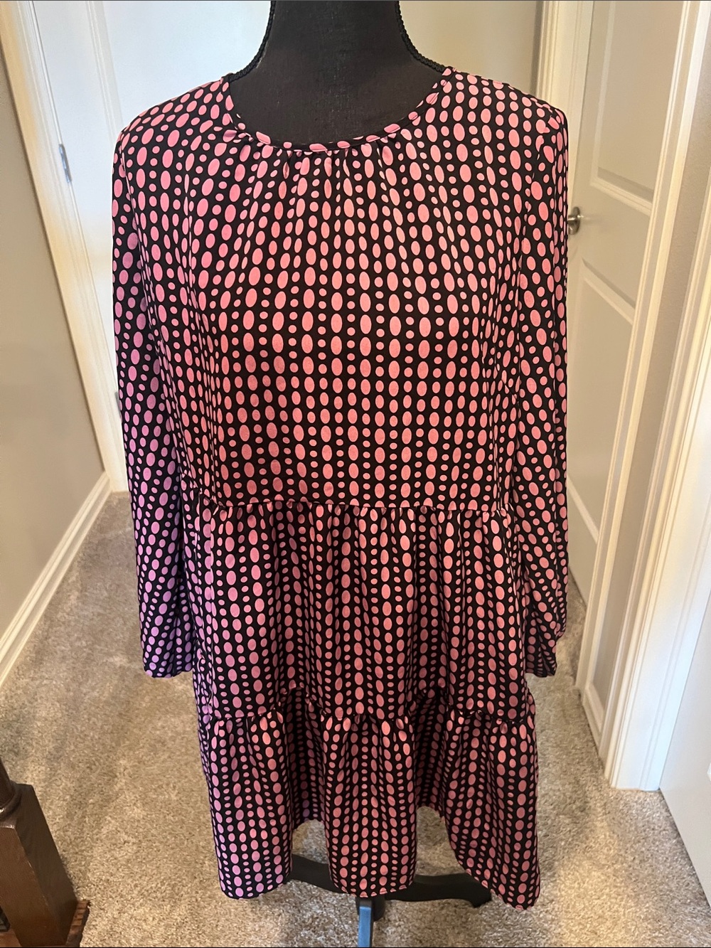 🔥2/$5 Pink Polka Dot Tiered Long-Sleeve Dress